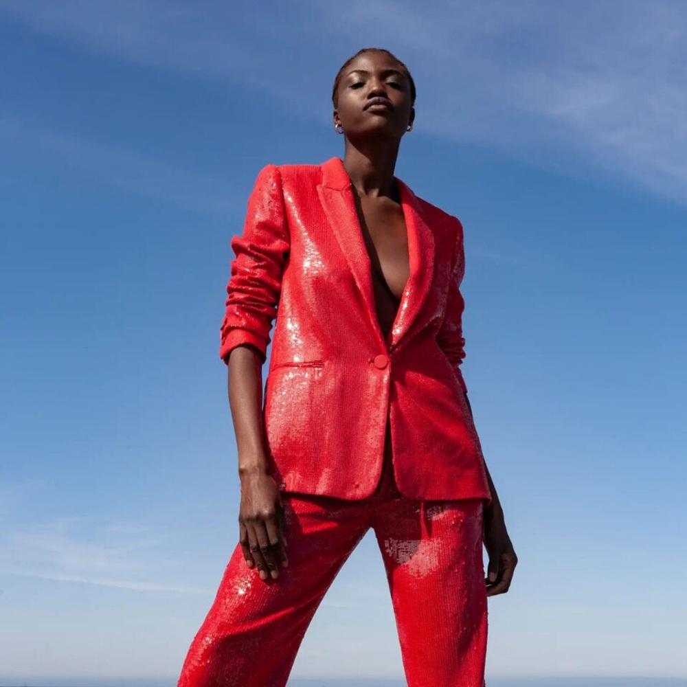 ZARA RED SEQUIN BLAZER JACKET RED LAPEL COLLAR Bloggers Favorite XS